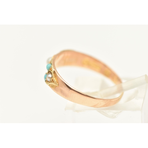 451 - A VICTORIAN 15CT GOLD TURQUIOSE AND PEARL RING, set with three split pearls and four small turquoise... 