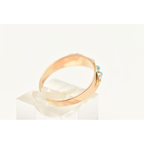 451 - A VICTORIAN 15CT GOLD TURQUIOSE AND PEARL RING, set with three split pearls and four small turquoise... 