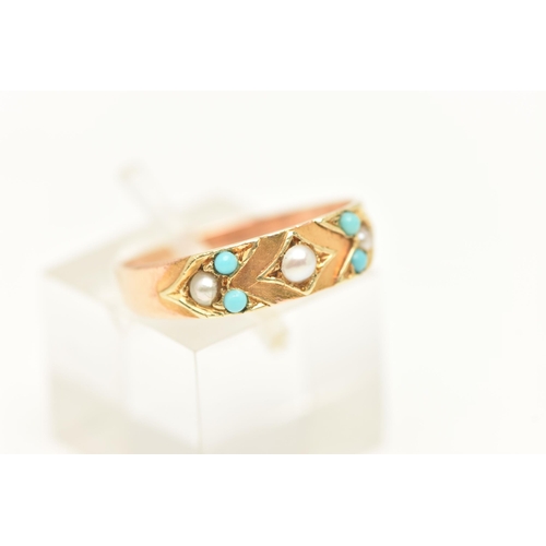 451 - A VICTORIAN 15CT GOLD TURQUIOSE AND PEARL RING, set with three split pearls and four small turquoise... 