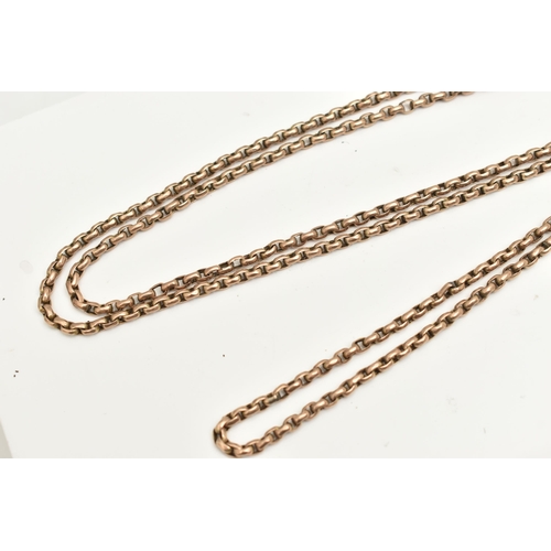 454 - A LATE 19TH/EARLY 20TH CENTURY LONGUARD CHAIN, a rose metal belcher link chain, fitted with a lobste... 