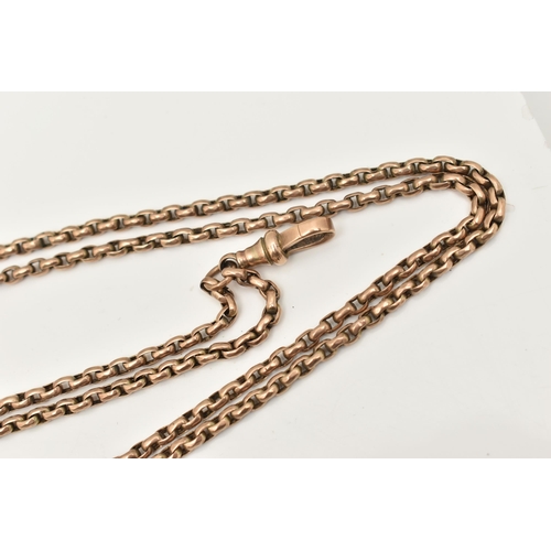 454 - A LATE 19TH/EARLY 20TH CENTURY LONGUARD CHAIN, a rose metal belcher link chain, fitted with a lobste... 