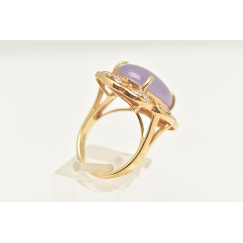 456 - A 14CT GOLD LAVENDAR JADE AND DIAMOND DRESS RING, set with an oval cut lavendar jade cabochon, four ... 