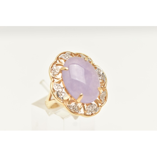 456 - A 14CT GOLD LAVENDAR JADE AND DIAMOND DRESS RING, set with an oval cut lavendar jade cabochon, four ... 