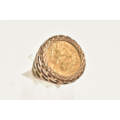 457 - A MOUNTED HALF SOVEREIGN RING, depicting George V dated 1913, diamond cut pattern claw setting, open... 