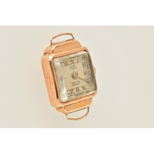 458 - A LADIES YELLOW METAL WATCH HEAD, manual wind watch with square silver dial signed 'Sully, 15 Rubis'... 