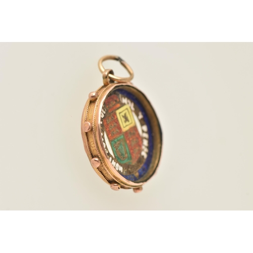 466 - AN EDWARDIAN ENAMEL PENDANT, the central coin with enamel reverse detail, within a 9ct gold surmount... 