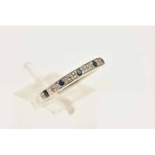 469 - A WHITE METAL DIAMOND AND SAPPHIRE RING, set with five sapphires, interspaced by single cut diamonds... 