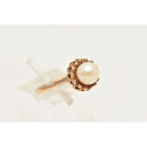 470 - A 9CT YELLOW GOLD CULTURED PEARL RING, set with a cultured pearl, measuring approximately 7mm, withi... 