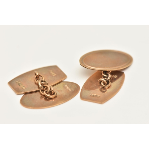 471 - A PAIR OF 9CT YELLOW GOLD CUFFLINKS, each panel connected by a chain, hallmarked 9ct gold Birmingham... 