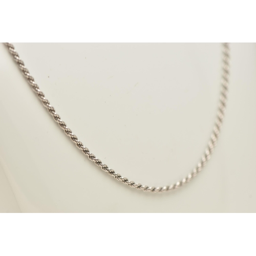 477 - A MODERN 9CT WHITE GOLD CHAIN, designed as a rope-twist chain, with lobster claw clasp, hallmarked 9... 