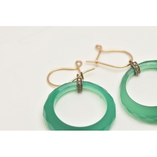 483 - A PAIR OF CARVED GREEN CHALCEDONY HOOP EARRINGS, each earring with a faceted green chalcedony hoop, ... 