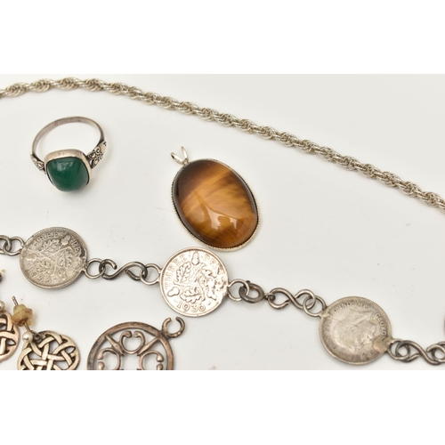 488 - A SMALL SELECTION OF JEWELLERY, to include a white metal tigers eye cabochon pendant fitted with a s... 