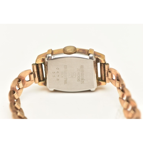 492 - A LADIES WRISTWATCH, hand wound movement, rectangular dial signed 'Realm', baton markers, gold plate... 