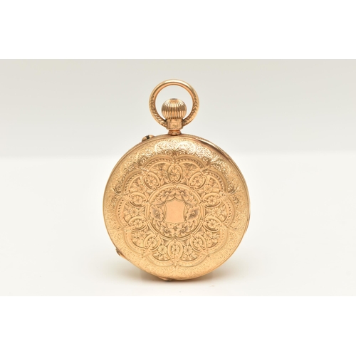 493 - A LATE VICTORIAN 18CT GOLD OPEN FACE POCKET WATCH, manual wind, round gold textured dial with Roman ... 