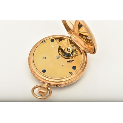 493 - A LATE VICTORIAN 18CT GOLD OPEN FACE POCKET WATCH, manual wind, round gold textured dial with Roman ... 