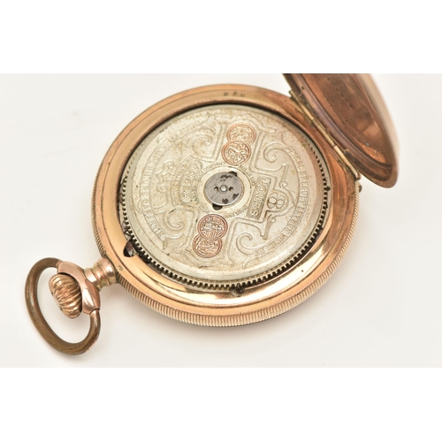 494 - A ROLLED GOLD FULL HUNTER POCKET WATCH, manual wind, white dial signed 'Hebomas Patent 8 Days Swiss ... 