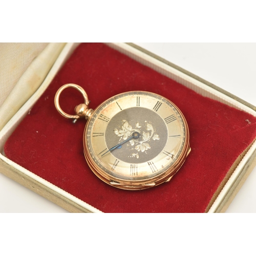 495 - A LADIES YELLOW METAL OPEN FACE POCKET WATCH, key wound movement, round silver tone dial with floral... 