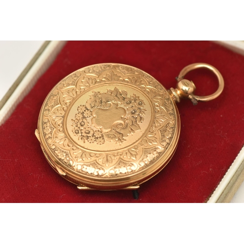 495 - A LADIES YELLOW METAL OPEN FACE POCKET WATCH, key wound movement, round silver tone dial with floral... 