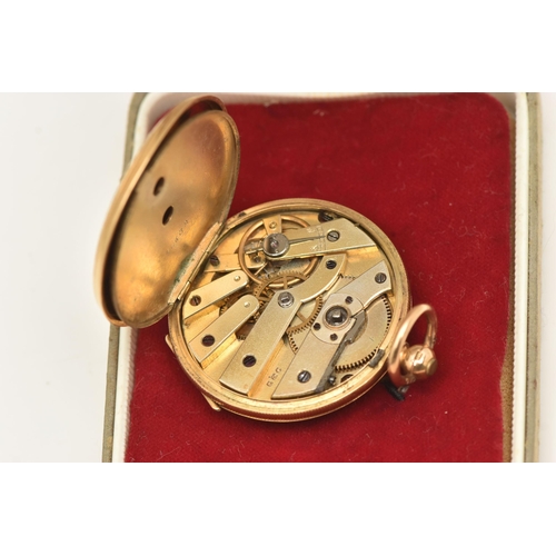 495 - A LADIES YELLOW METAL OPEN FACE POCKET WATCH, key wound movement, round silver tone dial with floral... 