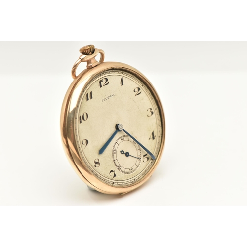 498 - A 9CT GOLD 'FEDERAL' OPEN FACE POCKET WATCH, hand wound movement, round white dial signed 'Federal',... 