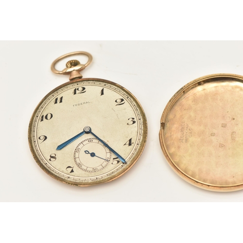 498 - A 9CT GOLD 'FEDERAL' OPEN FACE POCKET WATCH, hand wound movement, round white dial signed 'Federal',... 