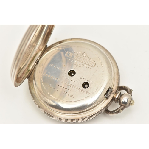 499 - A WHITE METAL OPEN FACE POCKET WATCH, key wound movement, round white dial signed 'H.B. Crouch Cardi... 