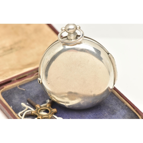 501 - A SILVER OPEN FACE POCKET WATCH AND PAIRING CASE, key wound movement, round white dial unsigned, Rom... 