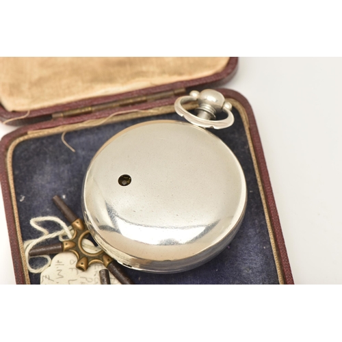 501 - A SILVER OPEN FACE POCKET WATCH AND PAIRING CASE, key wound movement, round white dial unsigned, Rom... 