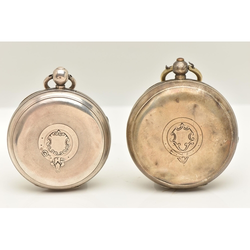 502 - TWO SILVER OPEN FACE POCKET WATCHES, the first a key wound movement, round white dial signed 'A.W.W ... 