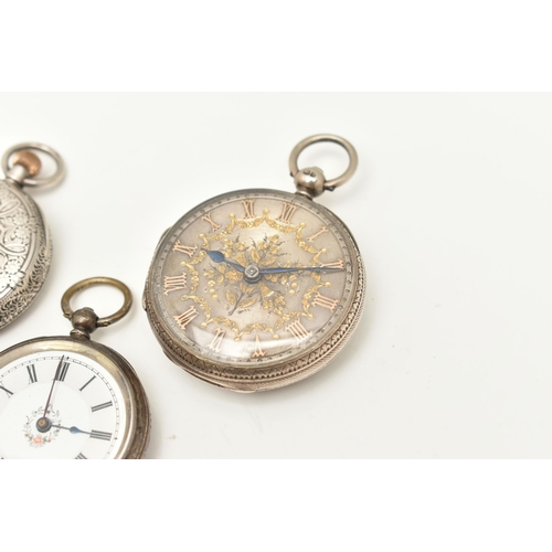 503 - TWO SILVER AND ONE WHITE METAL LADIES OPEN FACE POCKET WATCHES, the first a key wound movement, hall... 