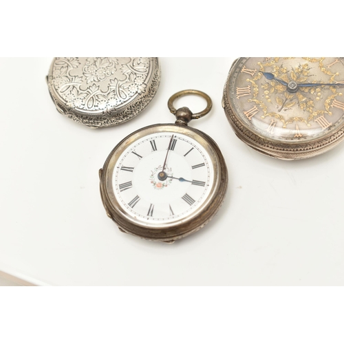 503 - TWO SILVER AND ONE WHITE METAL LADIES OPEN FACE POCKET WATCHES, the first a key wound movement, hall... 