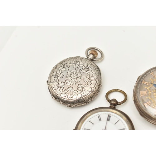 503 - TWO SILVER AND ONE WHITE METAL LADIES OPEN FACE POCKET WATCHES, the first a key wound movement, hall... 