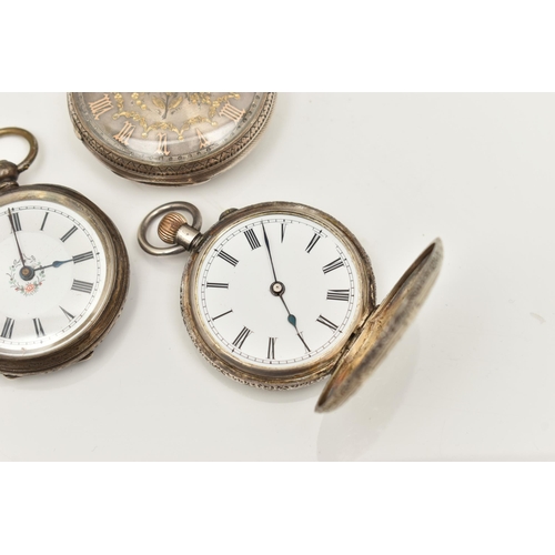 503 - TWO SILVER AND ONE WHITE METAL LADIES OPEN FACE POCKET WATCHES, the first a key wound movement, hall... 