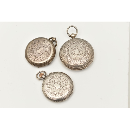 503 - TWO SILVER AND ONE WHITE METAL LADIES OPEN FACE POCKET WATCHES, the first a key wound movement, hall... 