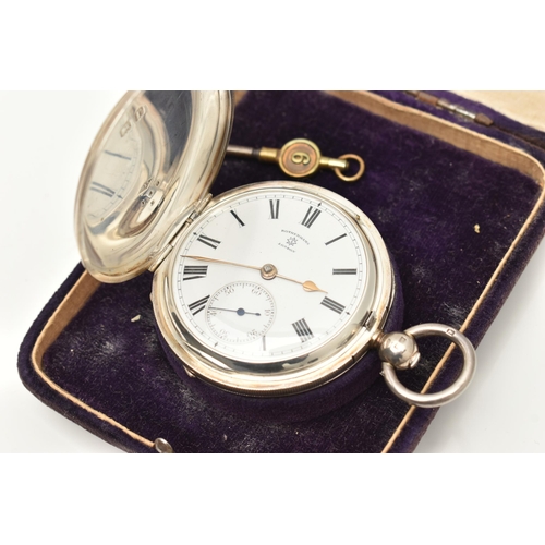 504 - A SILVER 'ROTHERHAMS' FULL HUNTER POCKET WATCH, key wound movement, round white dial signed 'Rotherh... 