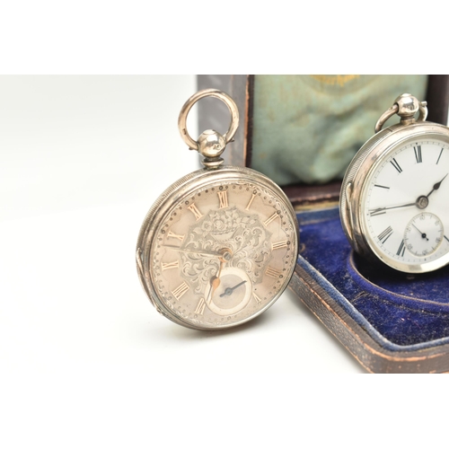 505 - TWO SILVER OPEN FACE POCKET WATCHES, the first a key wound movement, round white dial, Roman numeral... 