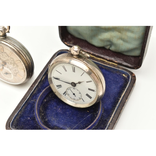 505 - TWO SILVER OPEN FACE POCKET WATCHES, the first a key wound movement, round white dial, Roman numeral... 