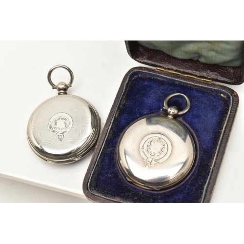 505 - TWO SILVER OPEN FACE POCKET WATCHES, the first a key wound movement, round white dial, Roman numeral... 