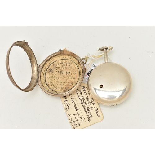 507 - A GEORGE III SILVER PAIR CASED POCKET WATCH, key wound movement, round white dial with Arabic numera... 