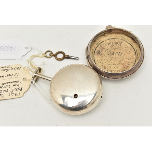 507 - A GEORGE III SILVER PAIR CASED POCKET WATCH, key wound movement, round white dial with Arabic numera... 