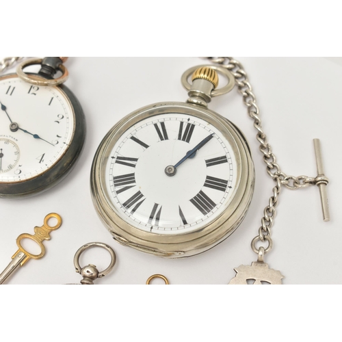 512 - FOUR POCKET WATCHES AND A SILVER ALBERT CHAIN WITH FOB MEDAL, to include a small ladies Swiss silver... 