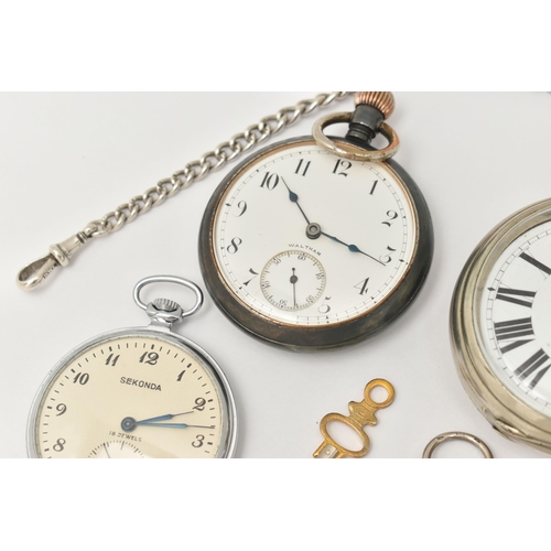 512 - FOUR POCKET WATCHES AND A SILVER ALBERT CHAIN WITH FOB MEDAL, to include a small ladies Swiss silver... 