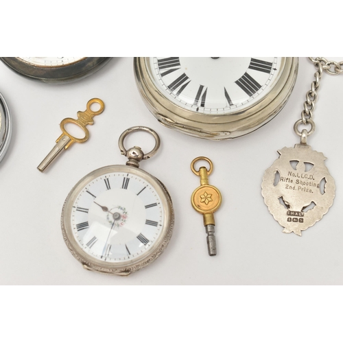 512 - FOUR POCKET WATCHES AND A SILVER ALBERT CHAIN WITH FOB MEDAL, to include a small ladies Swiss silver... 