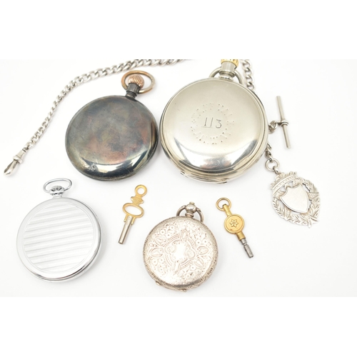 512 - FOUR POCKET WATCHES AND A SILVER ALBERT CHAIN WITH FOB MEDAL, to include a small ladies Swiss silver... 