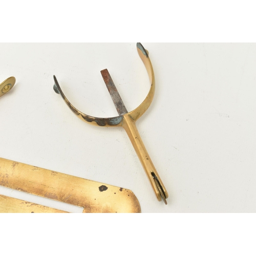 528 - A PAIR OF BRASS STIRRUPS AND A BUTTON POLISHING GUARD