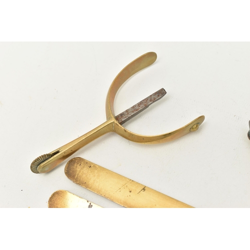 528 - A PAIR OF BRASS STIRRUPS AND A BUTTON POLISHING GUARD