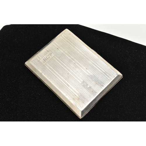 532 - AN EARLY 20TH CENTURY SILVER CIGARETTE CASE, of a rectangular form, engine turned pattern with engra... 