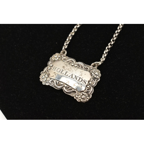 534 - A GEORGIAN SILVER DECANTER LABEL, engraved 'Hollands', fitted with a belcher chain, hallmarked 'S C ... 