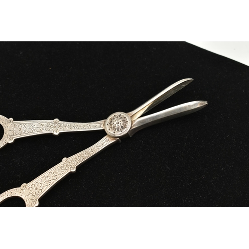 536 - A PAIR OF GRAPE SCISSORS, the handles with textured floral detail, hallmarked sterling silver London... 