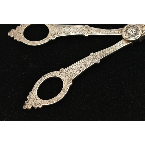 536 - A PAIR OF GRAPE SCISSORS, the handles with textured floral detail, hallmarked sterling silver London... 